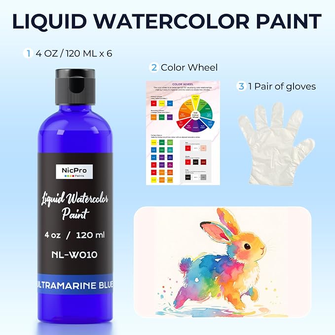 Nicpro 6 Colors Liquid Watercolor Paint Set, 4oz Liquid Watercolor Paint - Image 3