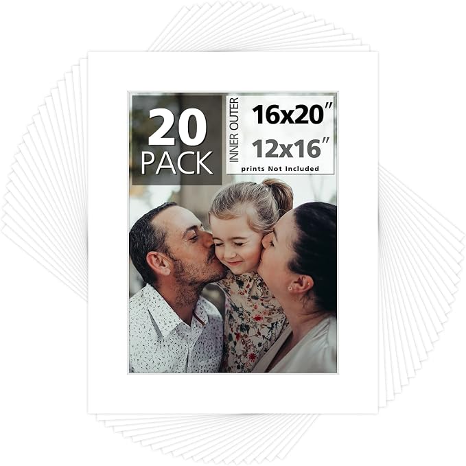 Mat Board Center, 16x20 for 12x16 White Photo Picture Mats by MatBoardCenter