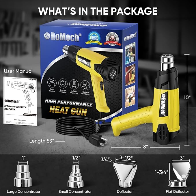 ROMECH 1500W Heavy Duty Heat Gun, Variable Temperature Control Hot Air Gun Kit - Image 7