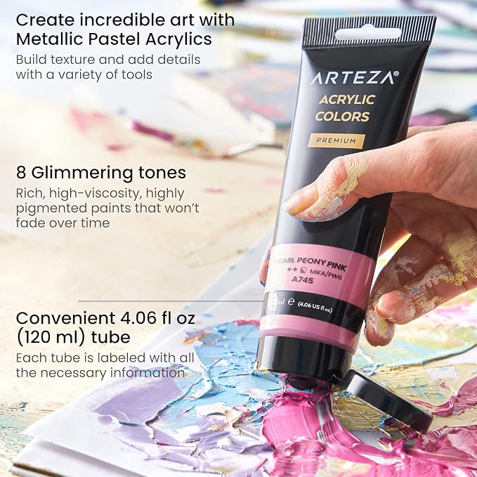 ARTEZA Pastel Acrylic Paint, Metallic Tones, 4.06 fl oz Tubes, High Viscosity - Image 3