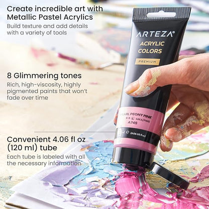 ARTEZA Pastel Acrylic Paint, Metallic Tones, 4.06 fl oz Tubes, High Viscosity - Image 3