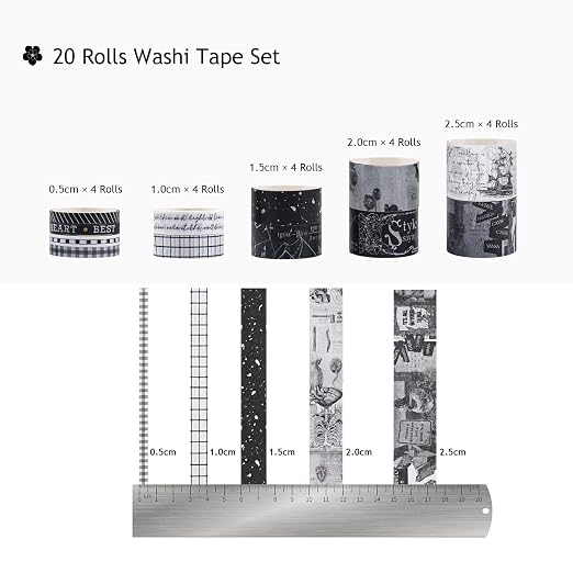 Dizdkizd Black and White Washi Tape Set, 20 Rolls Gothic Aesthetic Japanese - Image 2