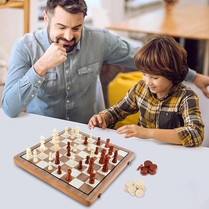 MerryPony 2 in 1 Magnetic Wooden Chess and Checkers Set, Chess Board - Image 8