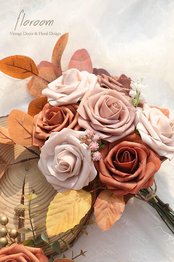 Floroom Artificial Flowers 25pcs Real Looking Burnt Orange Ombre Colors Foam - Image 6