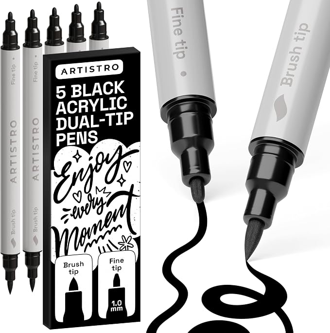 ARTISTRO 5 Black Dual Tip Brush + Fine Acrylic Paint Markers by ARTISTRO