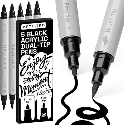 ARTISTRO 5 Black Dual Tip Brush + Fine Acrylic Paint Markers by ARTISTRO
