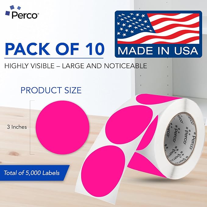 Perco Fluorescent Pink 3-Inch Perforated Circle Dot Sticker Labels — 10 Rolls - Image 2