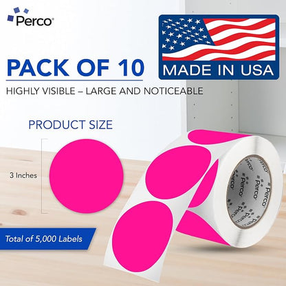 Perco Fluorescent Pink 3-Inch Perforated Circle Dot Sticker Labels — 10 Rolls - Image 2