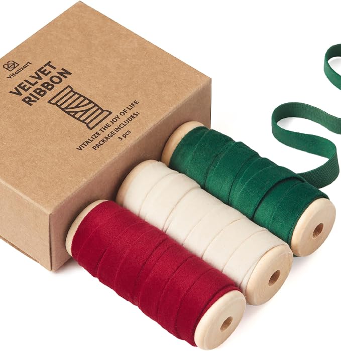Vitalizart Christmas Velvet Ribbon 3/8" x 15 Yd Wooden Spool Fabric Trim 3 by Vitalizart