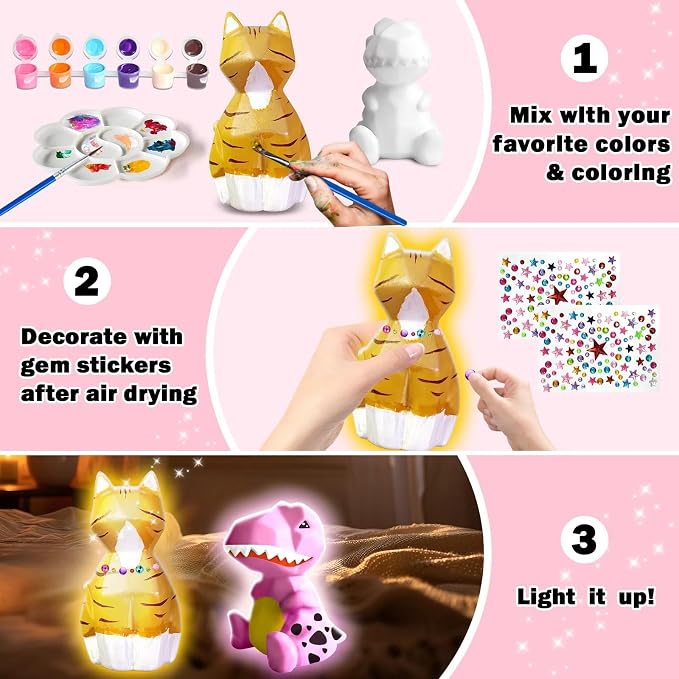 FUNZBO 2Pcs Paint Your Own Dinosaur & Cat Lamp - Image 5