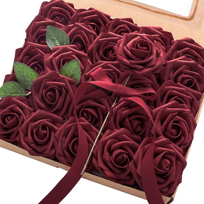 Floroom Artificial Flowers 50pcs Real Looking Burgundy Foam Fake Roses by Floroom