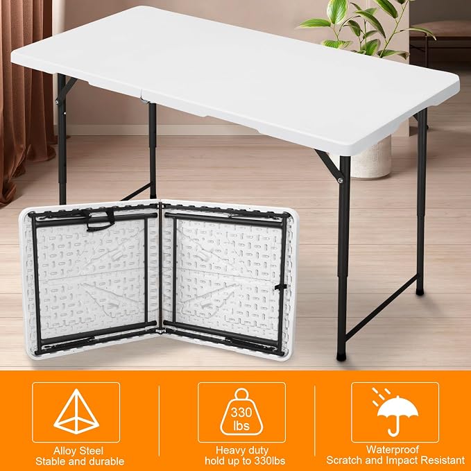 4ft Folding Table, Portable Fold-in-Half Adjustable Height Utility Table - Image 6