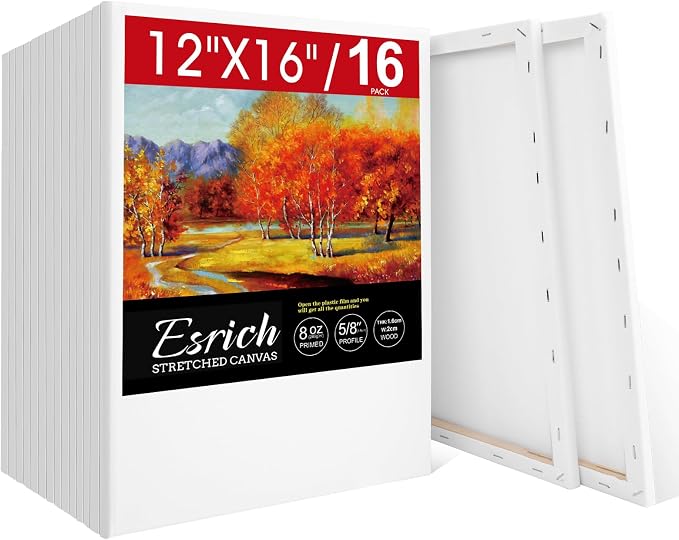ESRICH Stretched Canvas for Painting 12x16 Inch, 16 Pack Blank Canvas -5/8 in by ESRICH