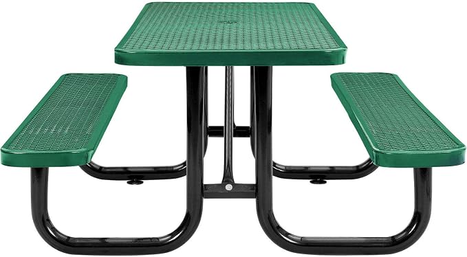 Global Industrial 6’L Rectangular Picnic Table, Expanded Metal, Attached Benches - Image 4