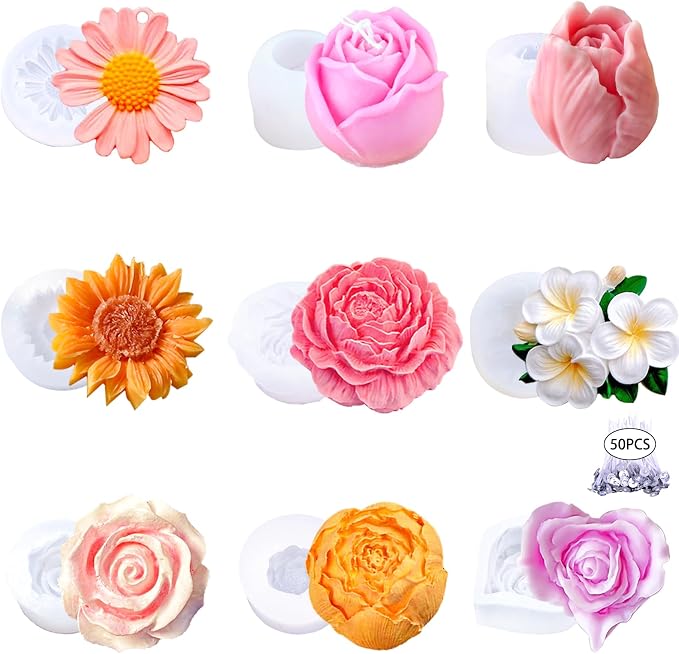 9 PCS Flower Candle Molds Rose Tulip Silicone Candle Mold Flower Shapes Moldes by AIFONG
