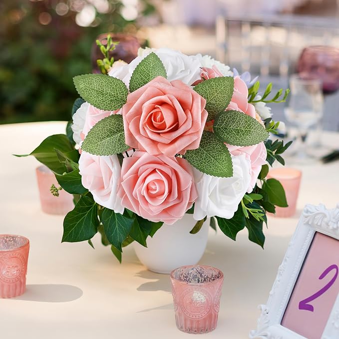 AmyHomie 25pcs Real Looking Artificial Shades of Blush Roses w/Stem - Image 2