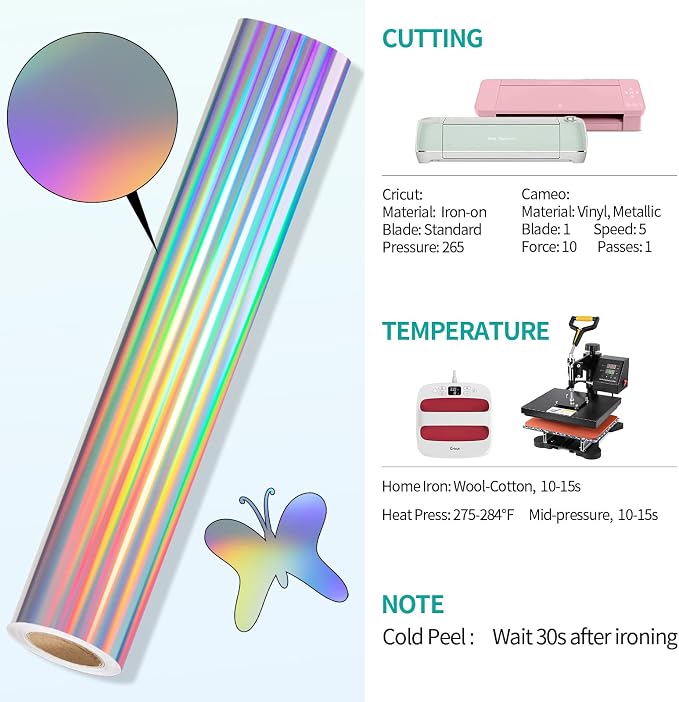 VINYL FROG Metallic Foil HTV Vinyl Roll 12" x5ft Holographic Silver Heat - Image 8