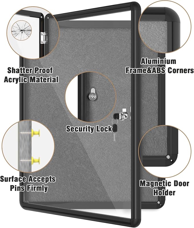 26"x20" Enclosed Bulletin Board, Lockable Weather-Resistant Aluminum Cork - Image 3