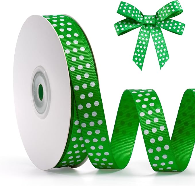 Polka Dot Grosgrain Ribbon 5/8 Inch, 25 Yards Spool Green and White Polka Dot by FAKILO