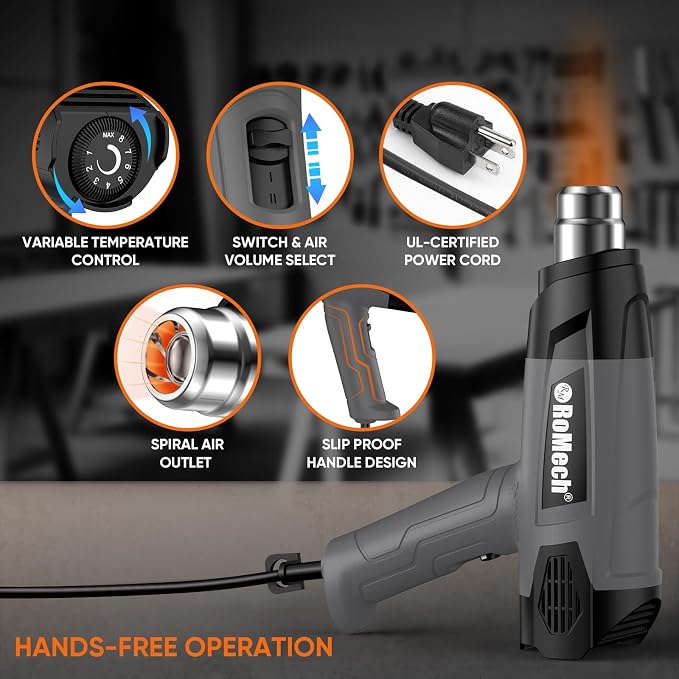 ROMECH 1500W Heavy Duty Heat Gun, Variable Temperature Control Hot Air Gun Kit - Image 4