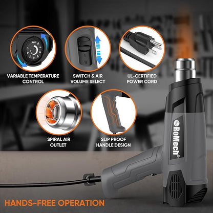 ROMECH 1500W Heavy Duty Heat Gun, Variable Temperature Control Hot Air Gun Kit - Image 4
