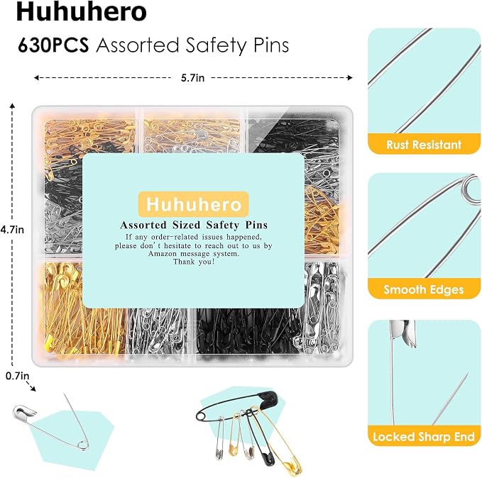 630 Pack Safety Pins Assorted, 5 Different Sizes Small and Large Safety Pin - Image 3