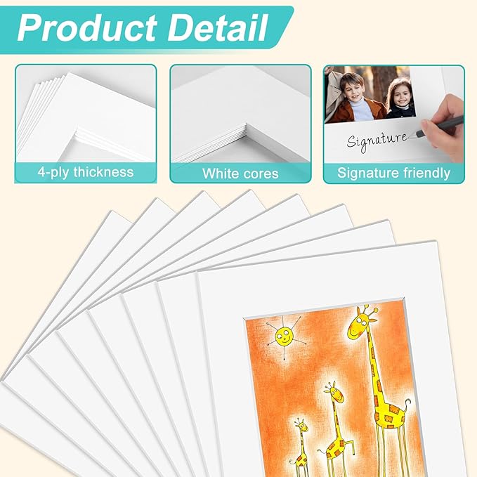 Phinus 8 Pack Picture Mats for Frames, Acid Free 11x14 Matted to 8x10, Picture - Image 3
