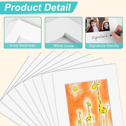 Phinus 8 Pack Picture Mats for Frames, Acid Free 11x14 Matted to 8x10, Picture - Image 3