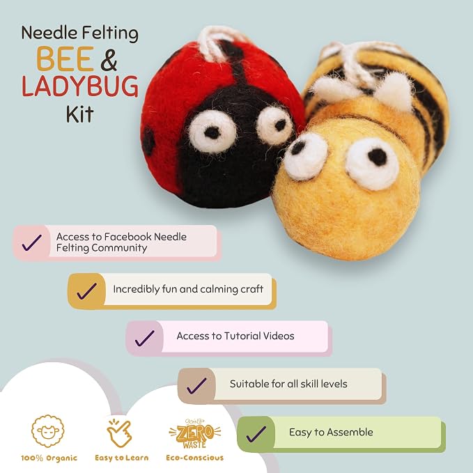 Woolbuddy Needle Felting Kit for Beginners Adults, Bee and Ladybug Animal Craft - Image 3