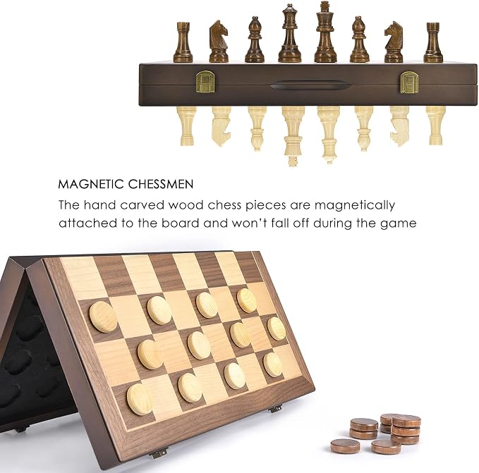 AMEROUS Magnetic Wooden Chess and Checkers Game Set, 15 Inches Chess Board Games - Image 4