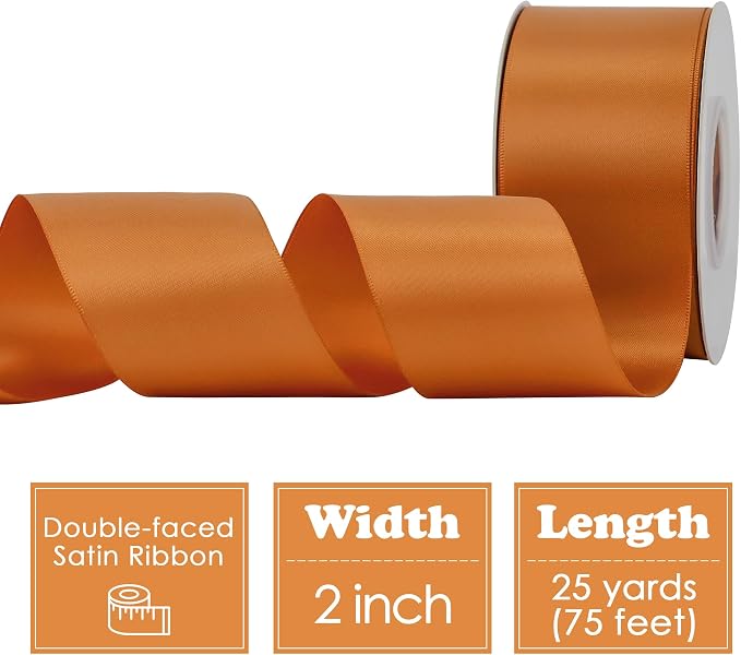 HUIHUANG Burnt Orange Ribbon 2 inch Wide Double-Faced Orange Satin Silk Ribbon - Image 2