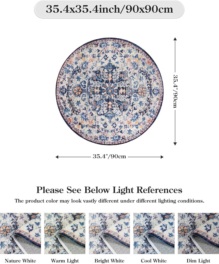 Lahome Bohemian Round Rug 3Ft Small Bedroom Round Area Rug Soft Bathroom Circle - Image 2