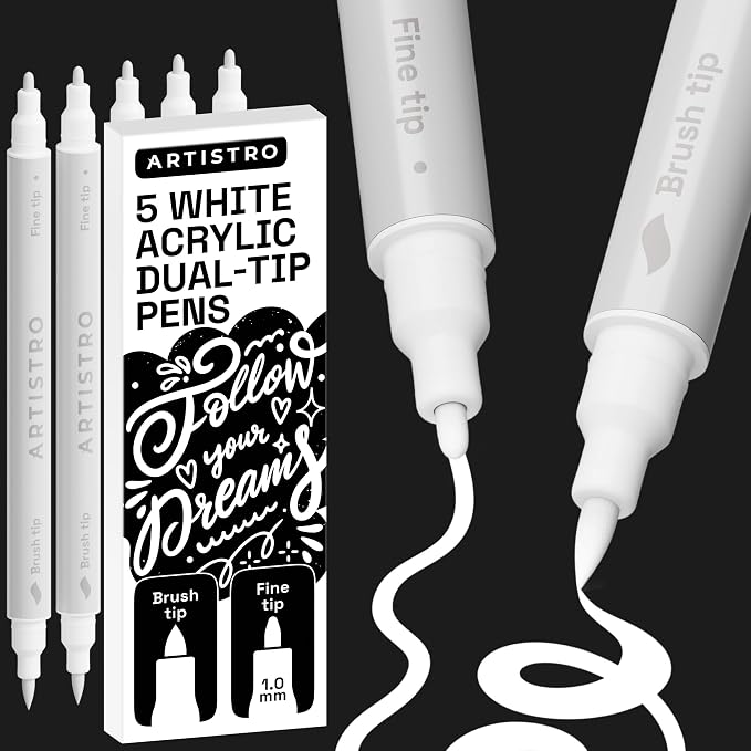 ARTISTRO 5 White Dual Tip Brush + Fine Acrylic Paint Markers by ARTISTRO