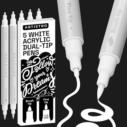 ARTISTRO 5 White Dual Tip Brush + Fine Acrylic Paint Markers by ARTISTRO