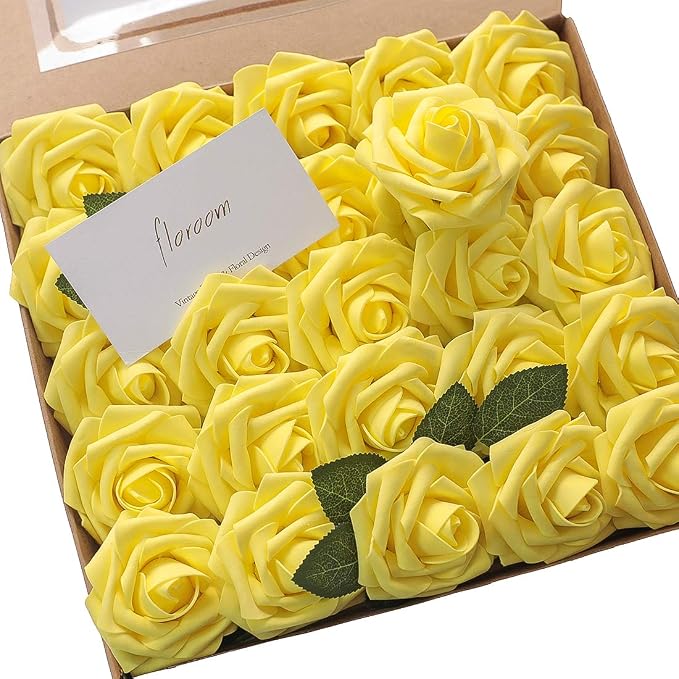 Floroom Artificial Flowers 50pcs Real Looking Canary Yellow Foam Fake Roses by Floroom