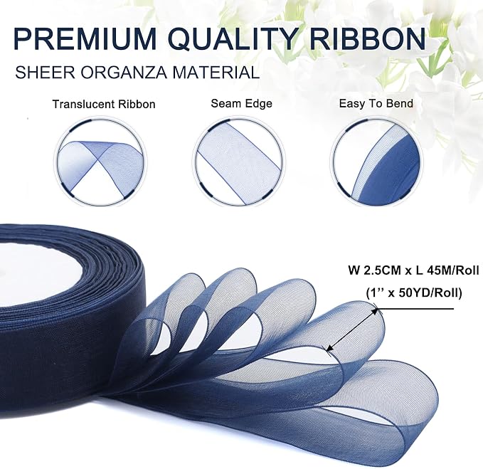 Bule Ribbon for Gift Wrapping, 1 inch 50Yard Sheer Organza Tulle Ribbon for - Image 2
