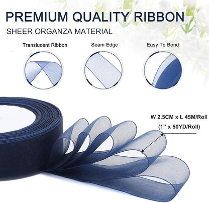 Bule Ribbon for Gift Wrapping, 1 inch 50Yard Sheer Organza Tulle Ribbon for - Image 2