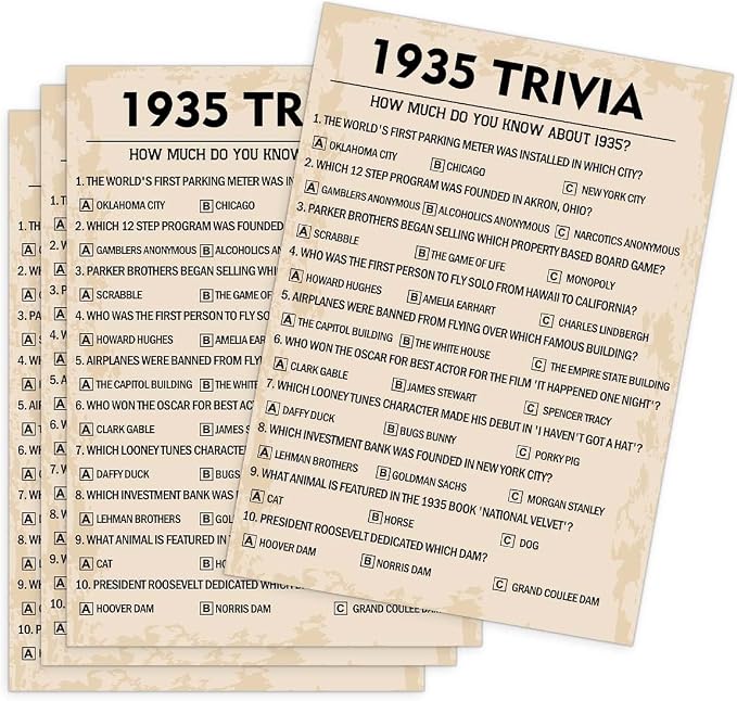 QUPT 90th Birthday Party Games, 1935 Trivia Games, Birthday Party Supplies by QUPT