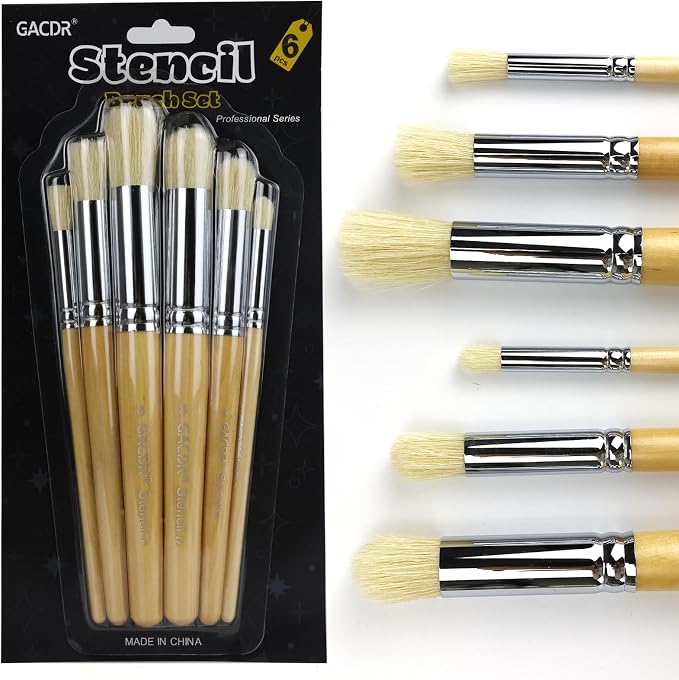 Wooden Stencil Brush Set, 6 Pieces Natural Hog Bristle Dome Stencil Brushes by GACDR