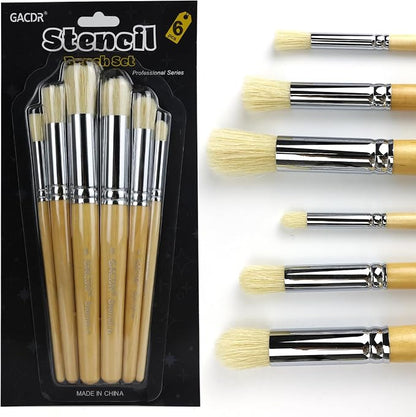 Wooden Stencil Brush Set, 6 Pieces Natural Hog Bristle Dome Stencil Brushes by GACDR