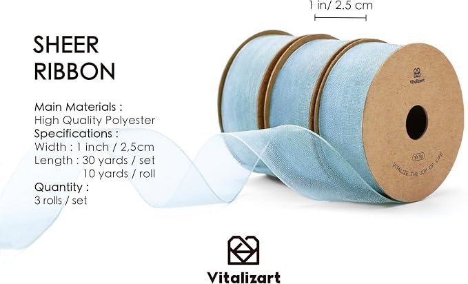 Vitalizart Dusty Blue Ribbon Organza Sheer Ribbon 1 inch x 30Yd Handmade Fabric - Image 2