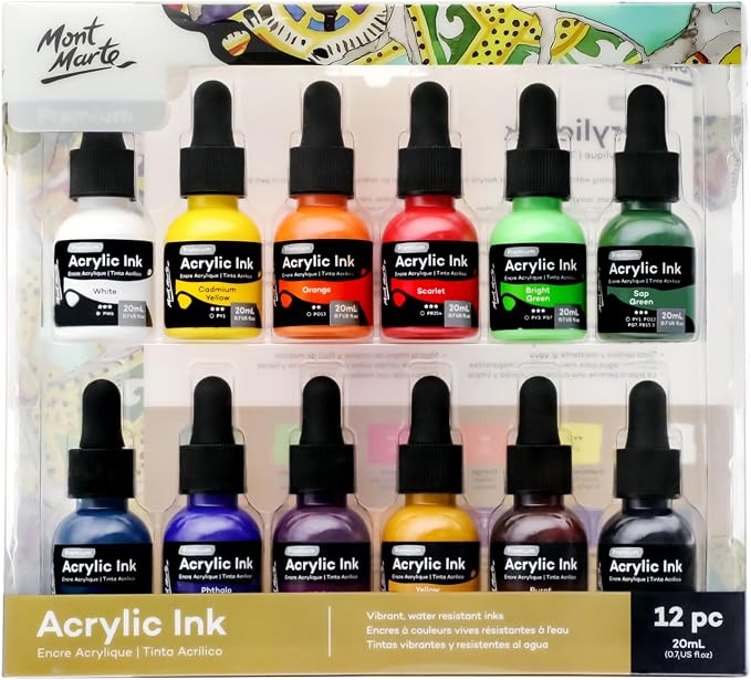 Mont Marte Acrylic Ink Premium 12pc x 20ml, Acrylic Inks by MontMarte