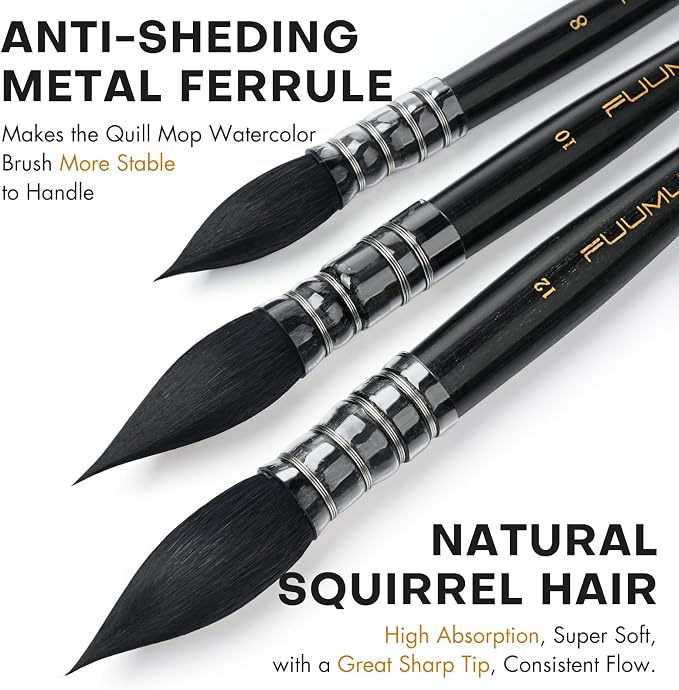 Professional Watercolor Brush, Fuumuui Natural Squirrel Hair Mop Brush - Image 2