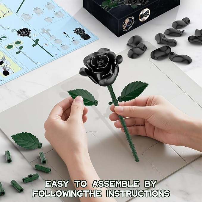 Black Rose Bouquet Building Blocks, Artificial Roses Flowers Botanical - Image 6