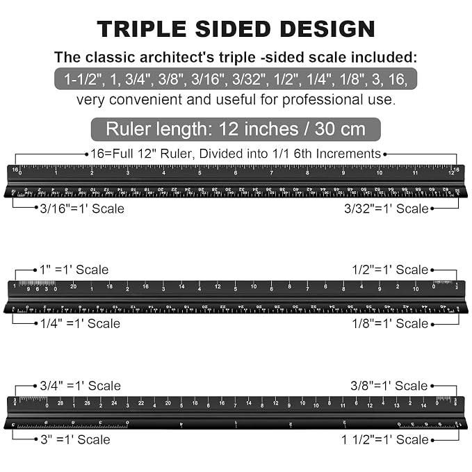Architectural Scale Ruler, 12 Inch Aluminium Architect Scale Ruler, Imperial - Image 2