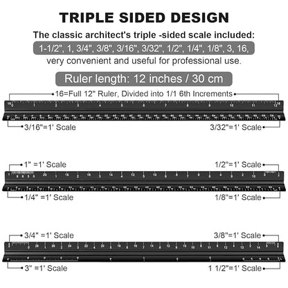 Architectural Scale Ruler, 12 Inch Aluminium Architect Scale Ruler, Imperial - Image 2