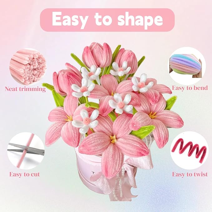 400 Pcs Pipe Cleaners Craft Set, 4 Assorted Pink Pipe Cleaners Bulk, Chenille - Image 3