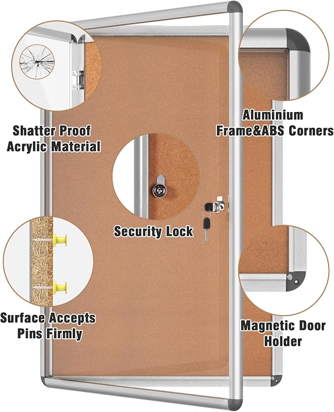 36"x24" Enclosed Bulletin Board, Lockable Weather-Resistant Aluminum Cork - Image 3