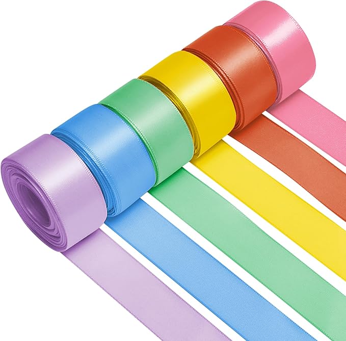 1 Inch Rainbow Satin Ribbons for Crafts, 6 Rolls Single-Faced Rainbow Assorted by Jacriah