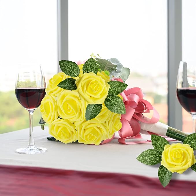 AmyHomie Artificial Flower Yellow Rose 25pcs Real Looking Fake Roses w/Stem - Image 6